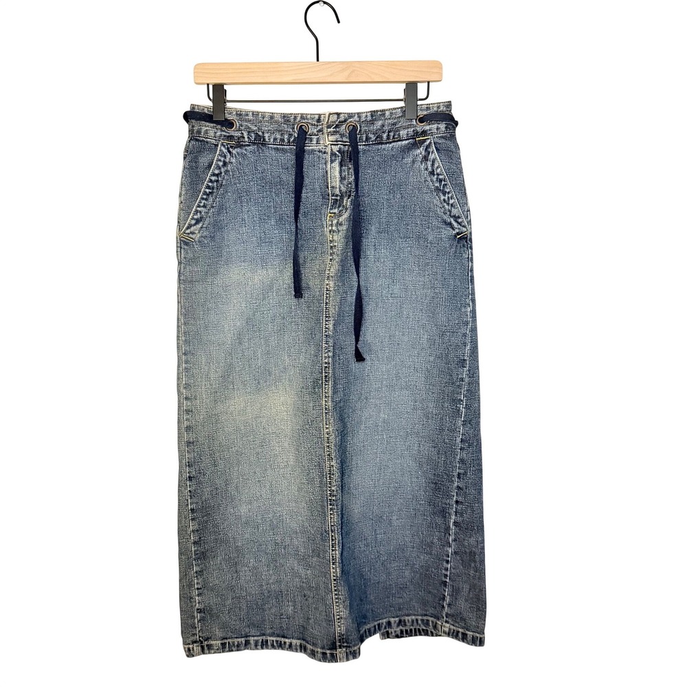 Vintage 90s Old Navy Low Rise Maxi Denim Skirt Y2K Distressed Drawstring SZ 6 - Picture 1 of 7